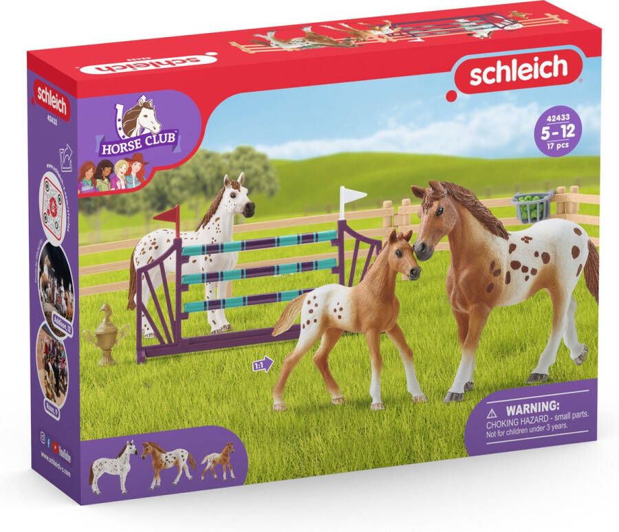 Schleich HORSE CLUB Lisaâ€™s toernooitraining Kinderspeelgoed Paarden speelgoed 3 Appaloosaâ€™s en Hindernissen 17 onderdelen
