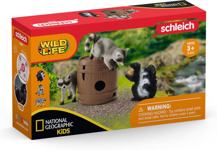 Schleich WILD LIFE Speelfigurenset Wasbeer en het Stinkdier hebben Speelplezier met de Noot Kinderspeelgoed voor Jongens en Meisjes 3 tot 8 jaar 5 Onderdelen 42532