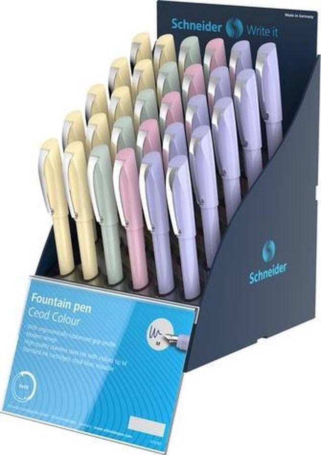 Schneider Modern ontwerp met opvallende rondingen. Ergonomisch gripprofiel en hoogwaardige roestvrijstalen punt met iridiumpunt M. Standaard inktcartridges koningsblauw uitwisbaar. Stevige metalen clip. Geschikt voor rechts- en linkshandigen