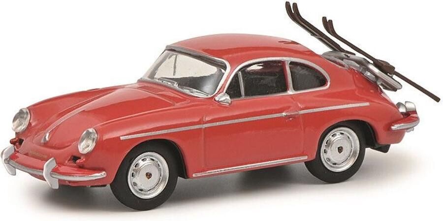 Schuco schaalmodel Porsche 356 Carrera 2 coupé + ski's rood schaal 1:64 lengte 6 5cm