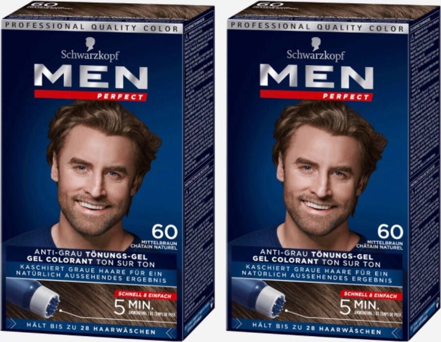Schwarzkopf 2 stuks Men Perfect 60 Middelbruin haarkleuring gel haarverf mannen just for men grijs dekkend in 10 minuten