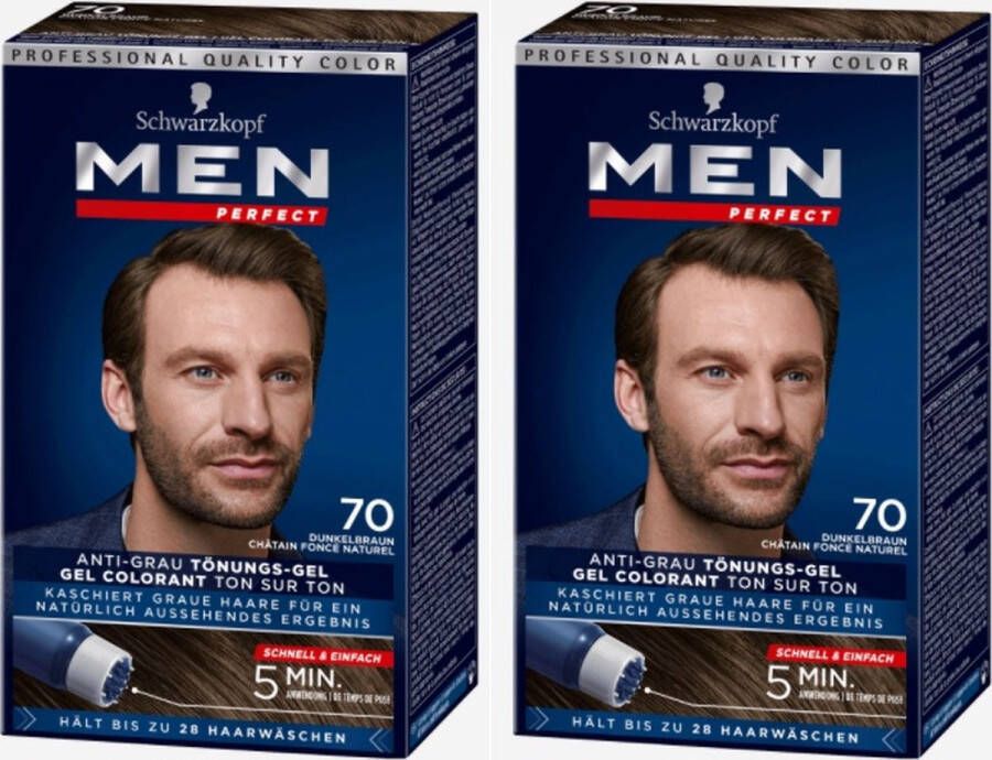 Schwarzkopf 2 stuks Men Perfect 70 Donkerbruin haarkleuring gel haarverf mannen just for men grijs dekkend in 10 minuten