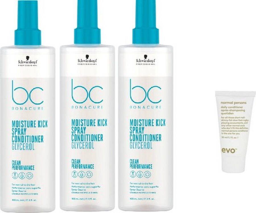 Schwarzkopf 3 x Bonacure Moisture Kick Spray Conditioner 400ml + Gratis EVO Clip-ity Setting Clips