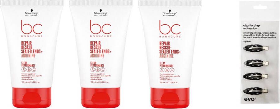 Schwarzkopf 3 x Bonacure Repair Rescue Sealed Ends+ 100ml + Gratis EVO Clip-ity Setting Clips