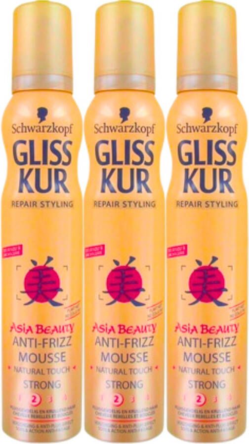 Schwarzkopf Gliss Kur Asia Beauty Anti Frizz Haarmousse Strong Level 2 Mousse 3 x 200ml