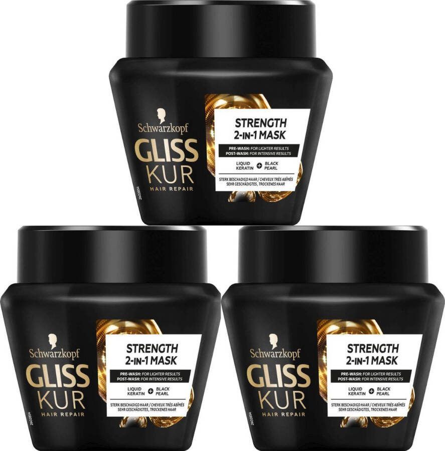Schwarzkopf Gliss Kur Hair Repair Strength 2-in-1 Haarmasker 3 x 300 ml Met Vloeibare Keratine & Zwarte Parels Voor Intensief Verzorgde Haren Vol Vitaliteit