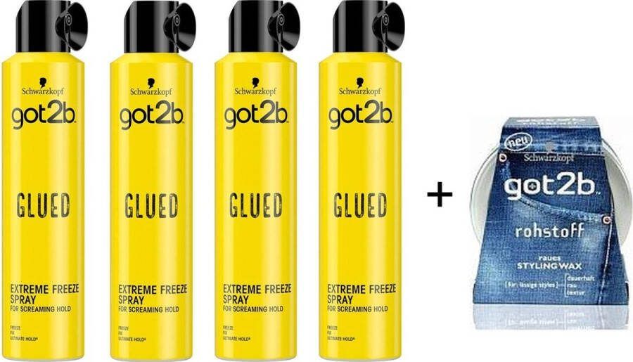 Schwarzkopf Got2b Glued Haarspray 4 x 300 ml + Got2b Wax 75 ml Extreem Freeze
