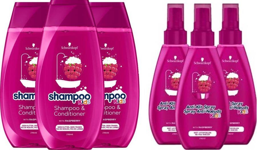 Schwarzkopf Kids Girls Fee Pakket 3x Shampoo & 3x Anti-Klit Spray