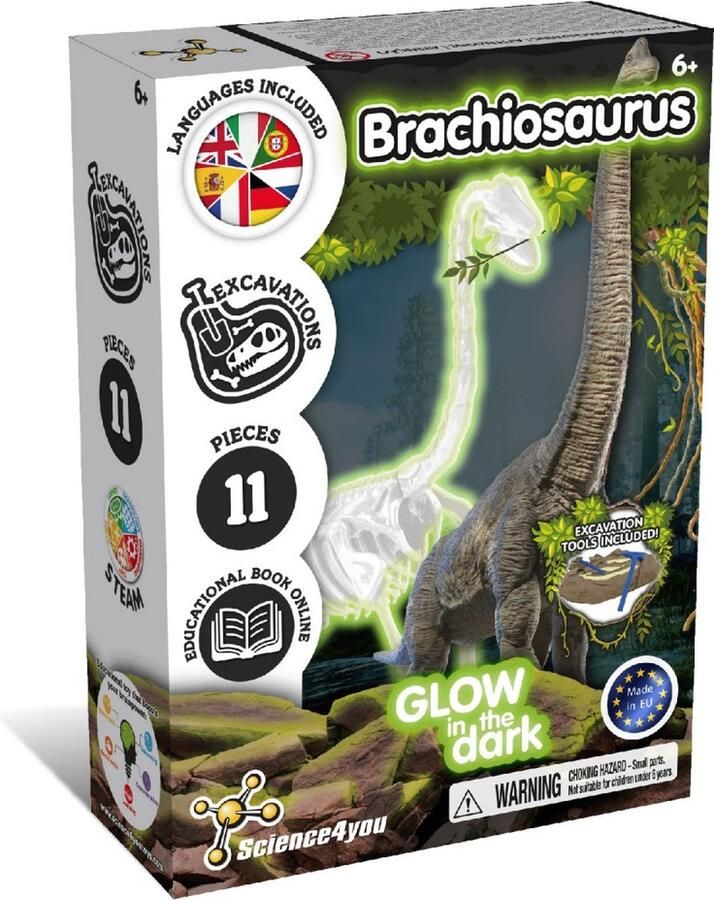 Science 4 You Science4you Glow in the Dark Fossil Excavation Brachiosaurus Experimenteerset Dinosaurus Fossielen Opgraven Dinosaurus Speelgoed 11 onderdelen 6+ met Beitel & Hamer