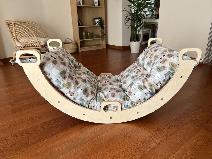 Scooby Woody ScoobyWoody Houten Klimbrug Klimboog Inclusief Kussen Montessori Klimrek Naturel Hout Kinderspeelgoed Donkergrijs kussen Grote maat 118x58x70cm