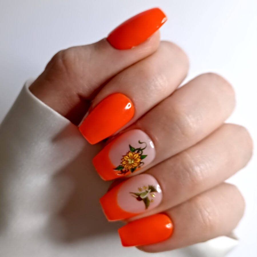 SD Press on Nails B-191 Plaknagels Nagelset 20 Nagels Oranje Neon French- Gellak Nagellak Korte Coffin Nageltips Nepnagels met Lijm Kunstnagels Nail Art Handmade Valse nagels Nagelvijl Accessoires Neon Nagels Neon Nagels