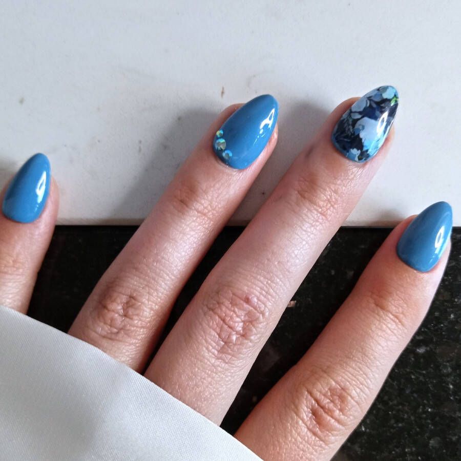 SD Press on Nails B-227 Plaknagels Nagelset 20 Nagels Blauw Bloem Steentje Gellak Nagellak XS Stiletto Nageltips Nepnagels met Lijm Kunstnagels Nail Art Handmade Valse nagels Nagelvijl Accessoires
