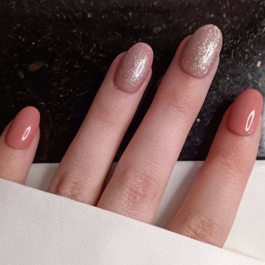 SD Press on Nails B-Series Plaknagels Gelnagels Handgemaakt 20 stuks B69 Nude Glitter Nepnagels Kort Rond Nude nagels Nagelstudio Gellak Nail Art Nagellijm Nagels met lijm Nepnagels Nageltips Nails at Home