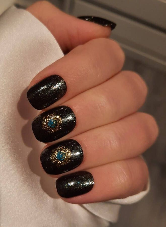 SD Press on Nails B-Series Plaknagels Gelnagels Handgemaakt 20 stuks B-93 Zwart Glitter Shimmer Kort Naturel Korte Nagels Accessoires Nagelstudio Nail Art Nagellijm Gellak Nageltips Nails at Home Nagels