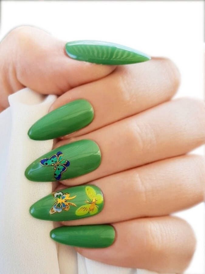 SD Press on Nails B-Series Plaknagels Nagelset 20 Nagels B113 Groen Vlinder Gellak Nagellak Lang Stiletto Nageltips Nepnagels met Lijm Kunstnagels Nail Art Handmade Valse nagels Nagelvijl Accessoires Lange Nagels