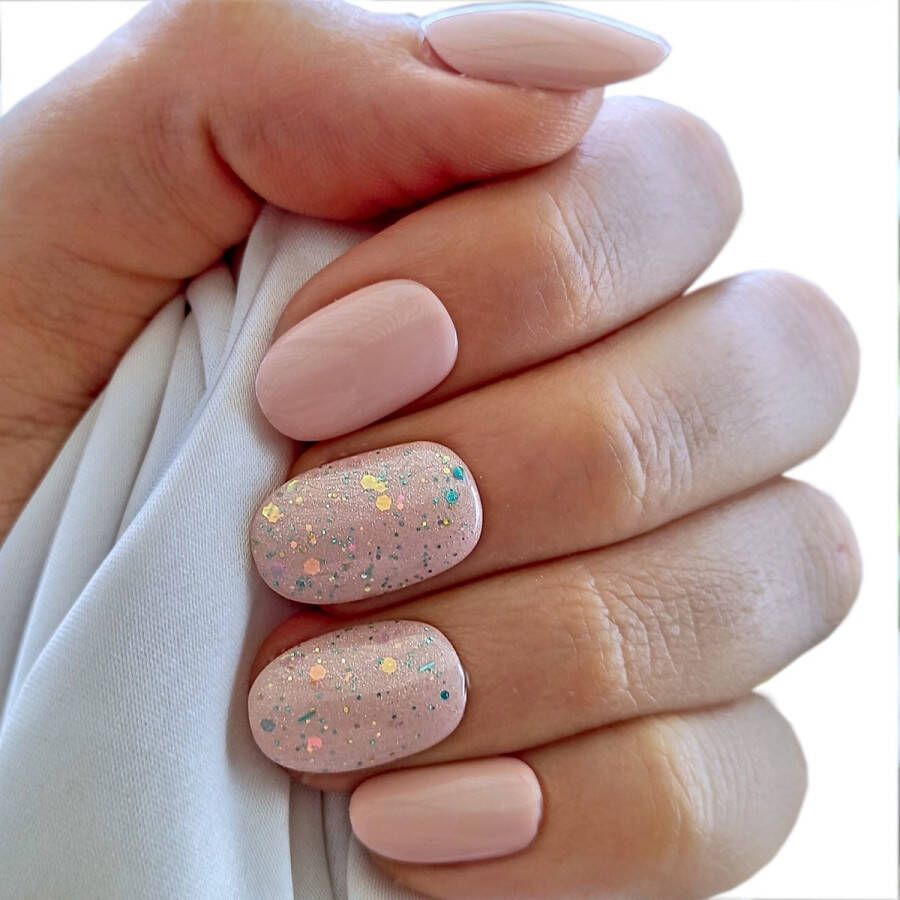 SD Press on Nails B-Series Plaknagels Nagelset 20 Nagels B37 Nude Glitter- Gellak Nagellak Korte Ronde Nageltips Nepnagels met Lijm Kunstnagels Nail Art Handmade Valse nagels Nagelvijl Accessoires Korte Nagels Glitter