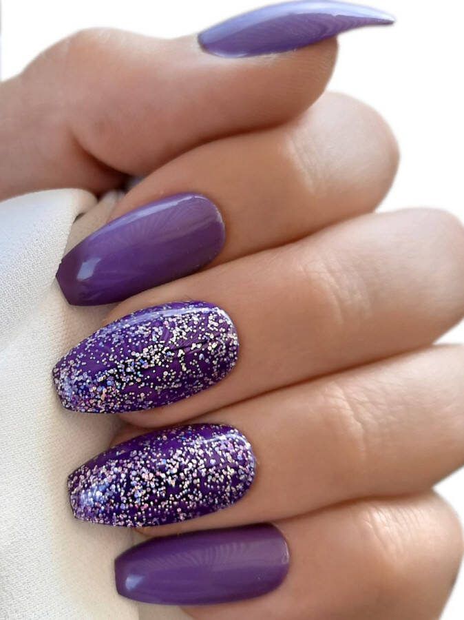 SD Press on Nails B-Series Plaknagels Nagelset 20 Nagels B68 Paarse Nagels met glitter Gellak Nagellak Medium Coffin Ballerina Nageltips Nepnagels met Lijm Kunstnagels Nail Art Handmade Valse nagels Nagelvijl Accessoires