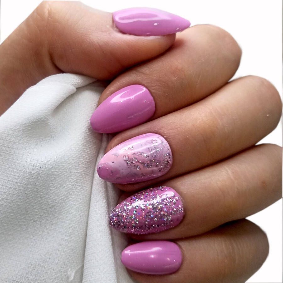 SD Press on Nails B142 Plaknagels met nagellijm XS Stiletto Kunstnagels Pink Marble Glitter -Set 20 Kunstnagels handgemaakt van gellaks