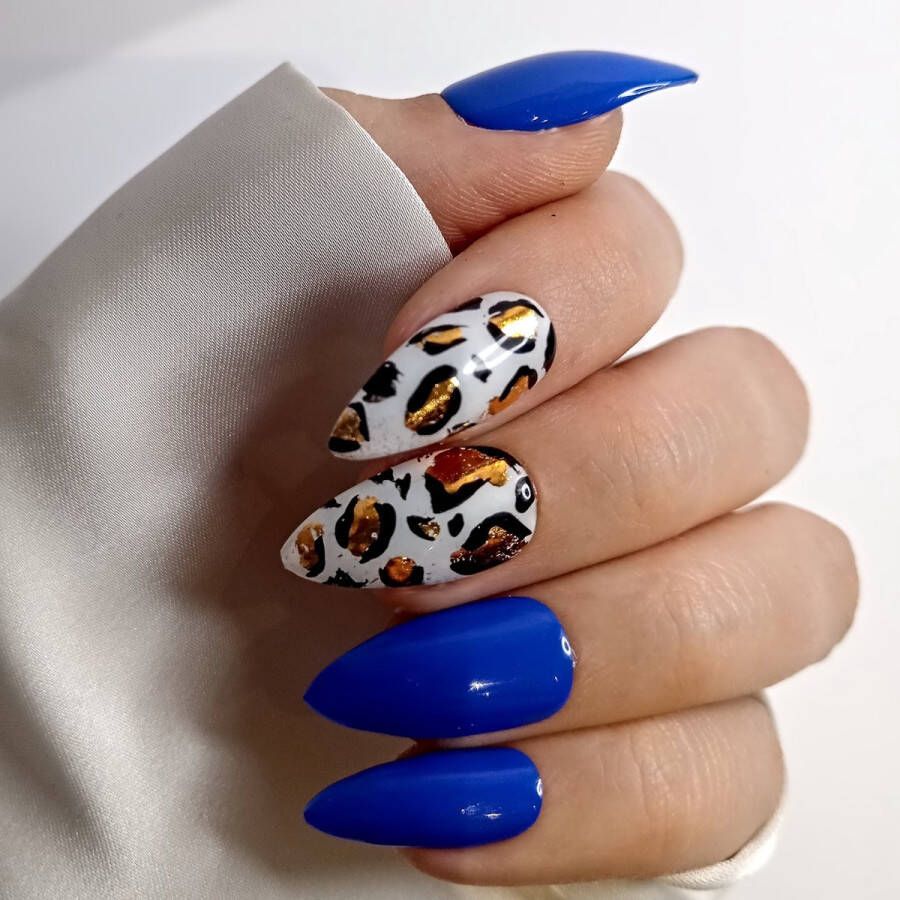 SD Press on Nails B160 Plaknagels met nagellijm Medium Stiletto Blauw Wit Leopard Set 20 Kunstnagels handgemaakt van gel polish Nagellak Cosplay Accessoires Medium Stiletto