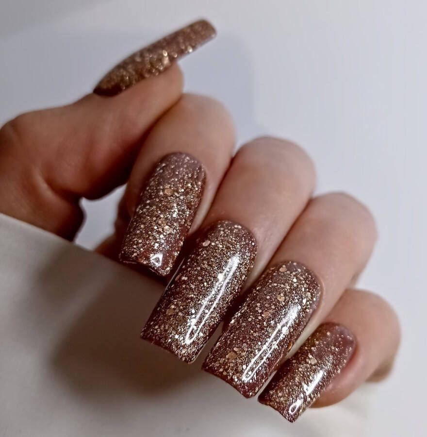 SD Press on Nails B165 Plaknagels met nagellijm Lang Recht Kunstnagels Goud Glitter Shimmer Set 20 Kunstnagels handgemaakt van gellak Nageltips Accessoires Lange Accessoires Feestdagen Kerst Lange Square Nageltips Handmade