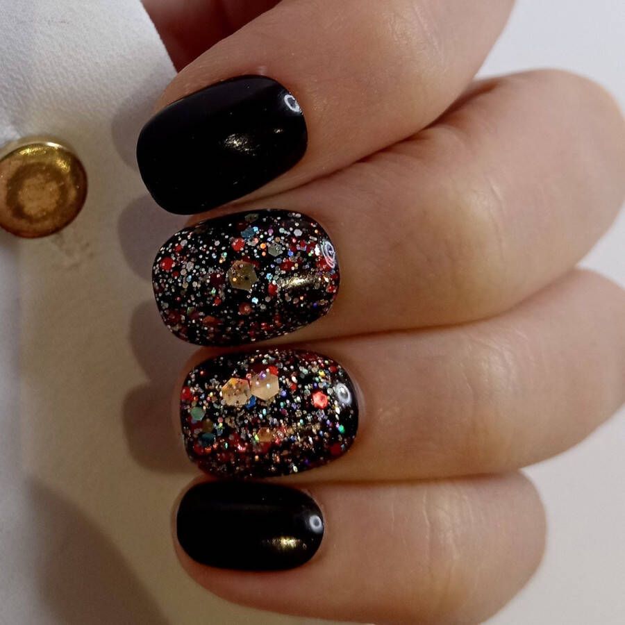SD Press on Nails B167 Zwart Glitter Plaknagels Nagelset 20 Nagels Gellak Nagellak Kort Naturel Nageltips Nepnagels met Lijm Kunstnagels Nail Art Handmade Valse nagels Nagelvijl Accessoires Korte Nagels -Kerst