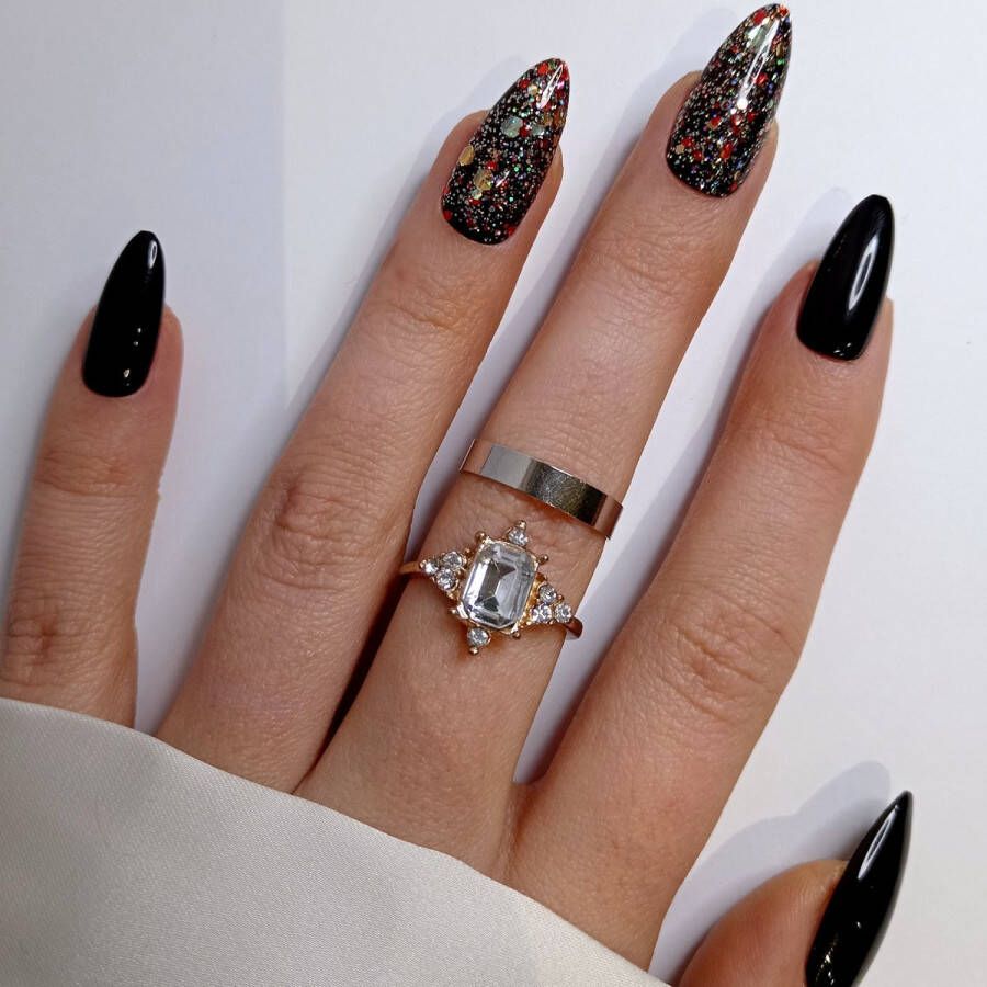 SD Press on Nails B168 Plaknagels met nagellijm Lang Stiletto Kunstnagels Zwart Glitter Set 20 Nagels Handmade Gellak Accessoires Feestdagen