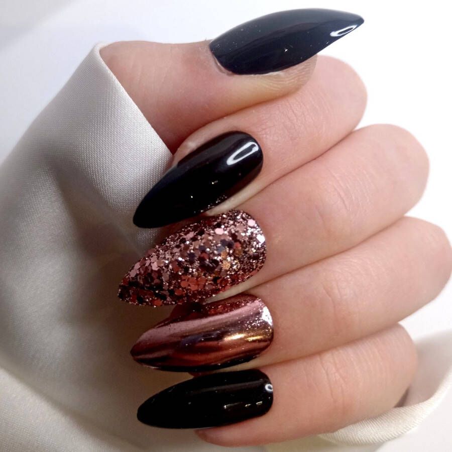SD Press on Nails B183 Plaknagels met nagellijm Medium Stiletto Kunstnagels Zwart Roze Glitter Chrome Set 20 Kunstnagels handgemaakt van gellak Nageltips Accessoires Medium Nagels Nepnagels Gelnagels Valse Nagels