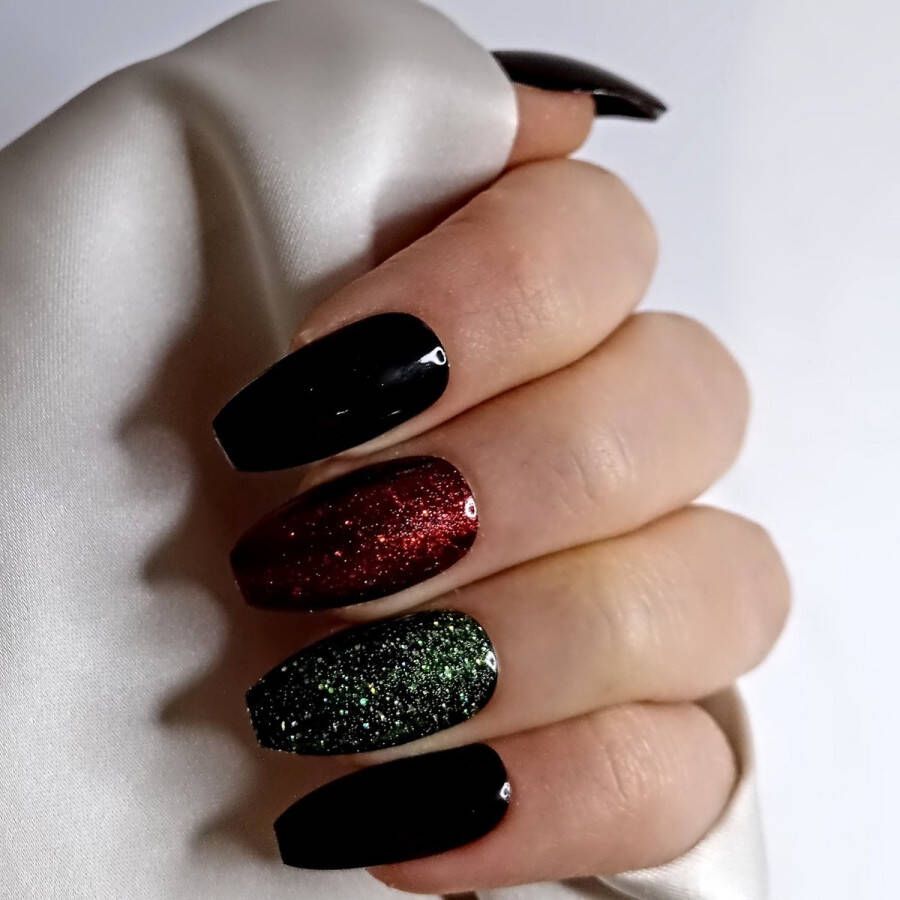 SD Press on Nails B184 Plaknagels met nagellijm Medium Coffin Ballerina Kunstnagels Zwart rood Groen- Set 20 Kunstnagels handgemaakt van gellak Nageltips Medium Nagels Accessoires Gelnagels Nepnagels Nail Art Handmade