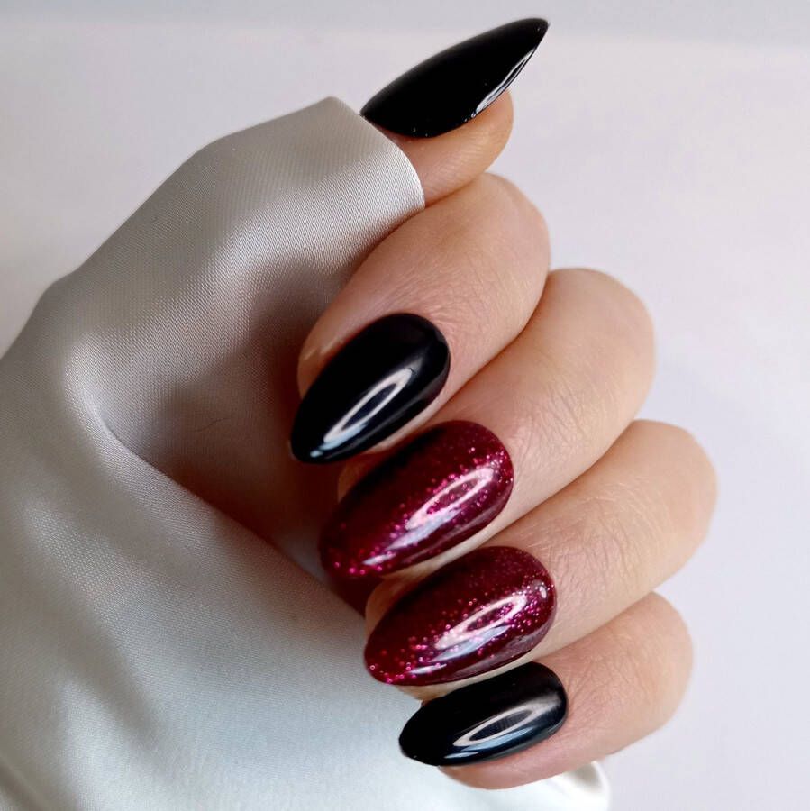SD Press on Nails B185 Plaknagels met nagellijm Kort Stiletto Kunstnagels Zwart Rode Glans Set 20 Kunstnagels handgemaakt van gellak Nageltips Stiletto Nagels Accessoires Gelnagels Nepnagels Nail Art Handmade