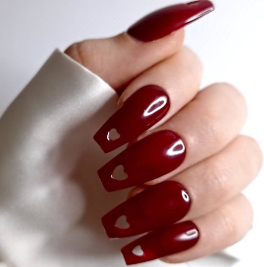 SD Press on Nails B188 Plaknagels met nagellijm Lang Coffin Rood Hartje Set 20 Kunstnagels handgemaakt van gellak Nageltips Accessoires Lange nagels Nepnagels Gelnagels Valse Nagels Valentijn