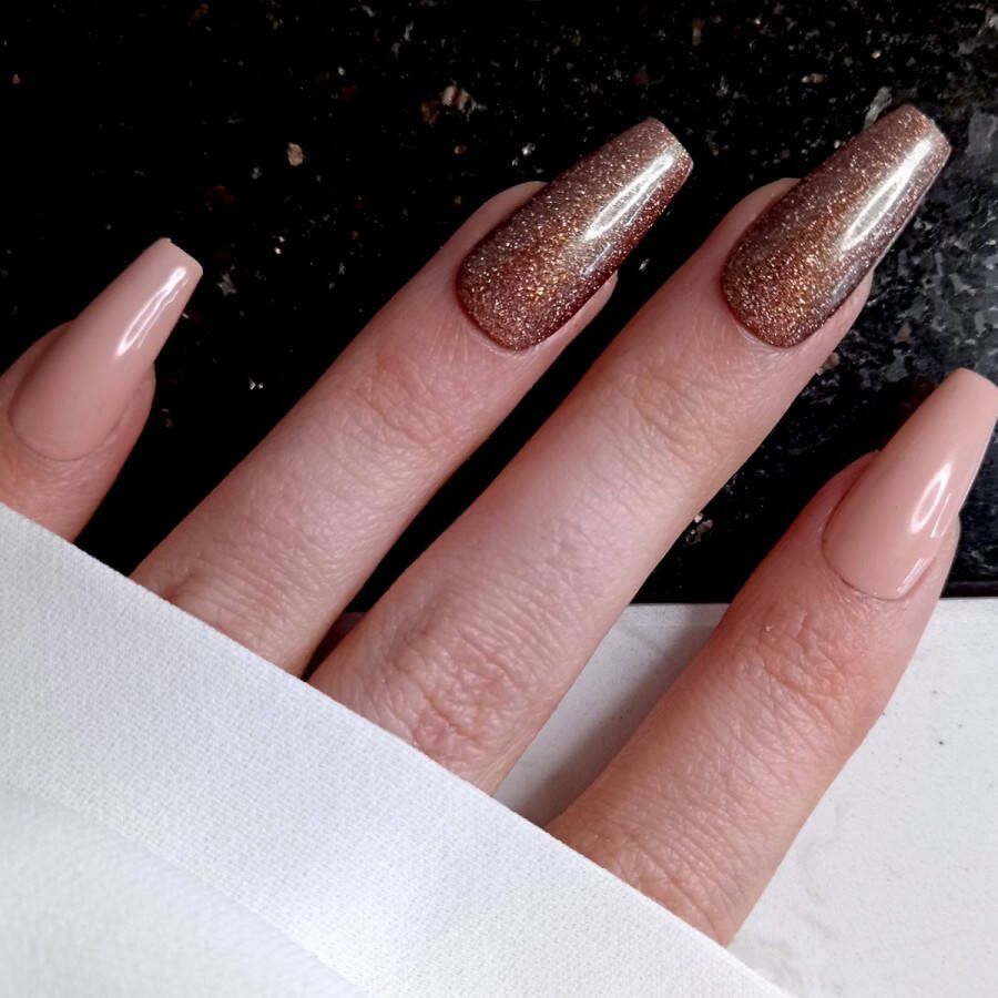 SD Press on Nails B207- Plaknagels Nagelset 20 Nagels Nepnagels -Nude Goud Gellak Nagellak Lange Coffin Nageltips Nepnagels met Lijm Kunstnagels Nail Art Handmade Valse nagels Nagelvijl Accessoires Lange Nagels