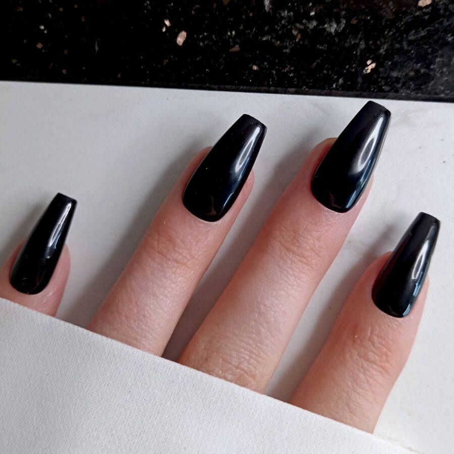 SD Press on Nails B212- Plaknagels Nagelset 20 Nagels Nepnagels Zwarte Gellak Nagellak Lange Coffin Nageltips Nepnagels met Lijm Kunstnagels Nail Art Handmade Valse nagels Nagelvijl Accessoires Lange Nagels
