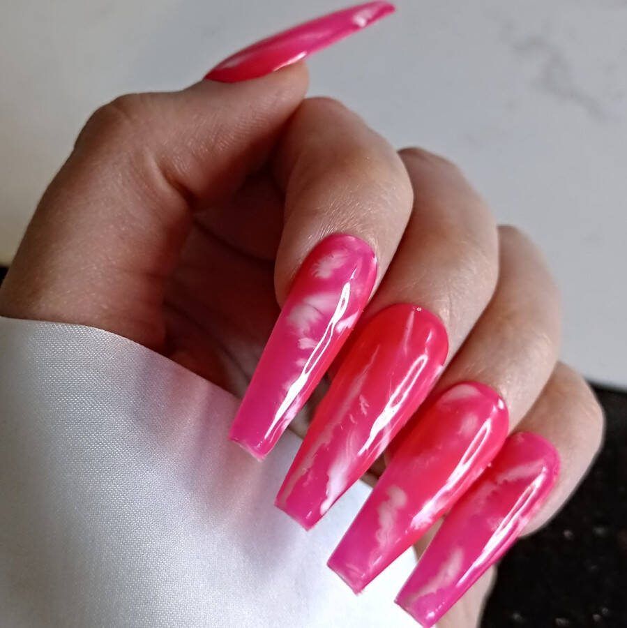 SD Press on Nails B224 Plaknagels met nagellijm XL Coffin -Roze marble Set 20 Nagels Cosplay Nepnagels Valse Nagels Extreem lange nageltips Nail Art Handgemaakt Roze nagels