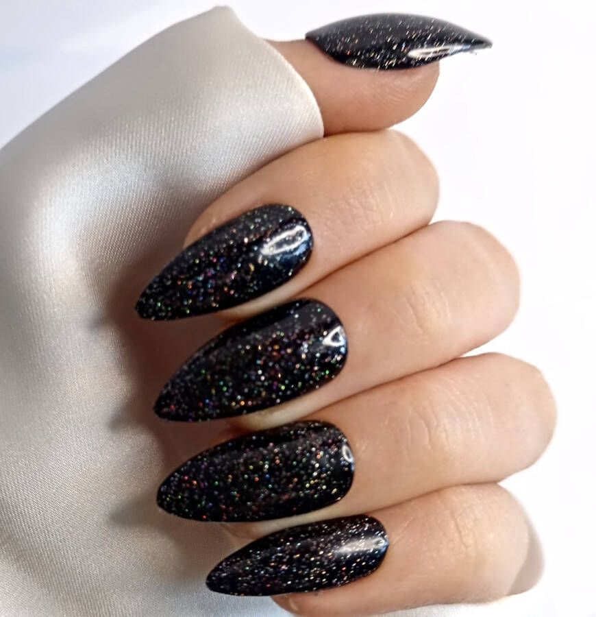 SD Press on Nails B66 Plaknagels met nagellijm Medium Stiletto nageltips Zwart met glitter Set 20 Kunstnagels handgemaakt van gel polish