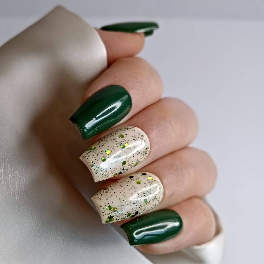 SD Press on Nails Plaknagels Nepnagels B203 Plaknagels met nagellijm Medium Coffin Kunstnagels Groen Glitter Set 20 Kunstnagels handgemaakt van gellak Nageltips Medium Nagels Accessoires Gelnagels Nail Art Handmade
