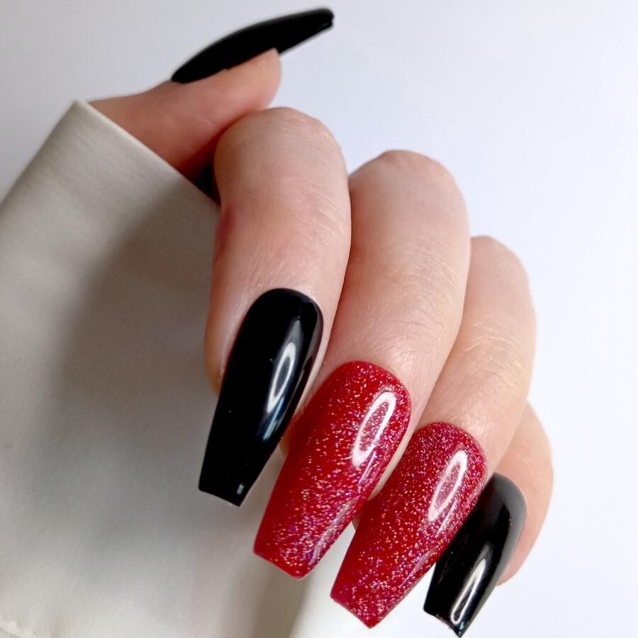 SD Press on Nails B215- Plaknagels Nagelset 20 Nagels Nepnagels Zwart Rood Glitter Gellak Nagellak Lange Coffin Nageltips Nepnagels met Lijm Kunstnagels Nail Art Handmade Valse nagels Nagelvijl Accessoires Lange Nagels