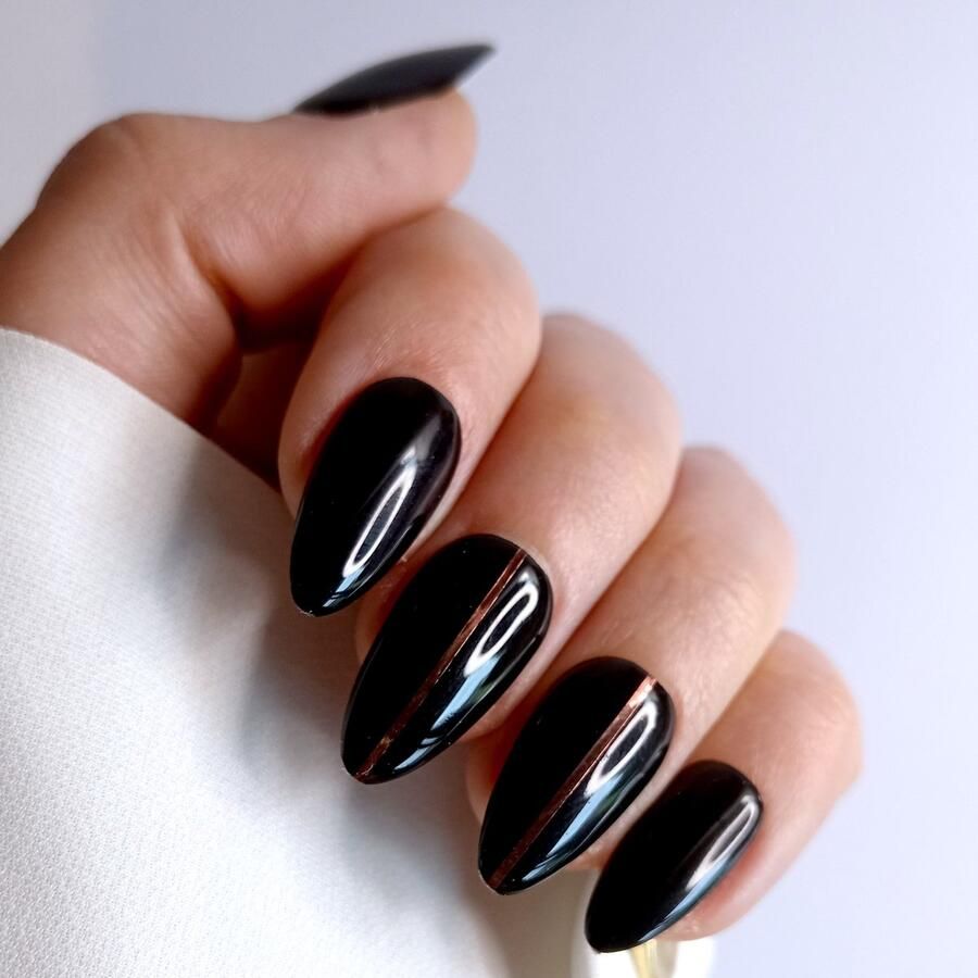 SD Press on Nails B217 Plaknagels Nagelset 20 Nagels Zwart Rose gold streepje Gellak Nagellak Kort Stiletto Nepnagels met Lijm Kunstnagels Nail Art Handmade Valse nagels Nagelvijl Accessoires Stiletto Nagels