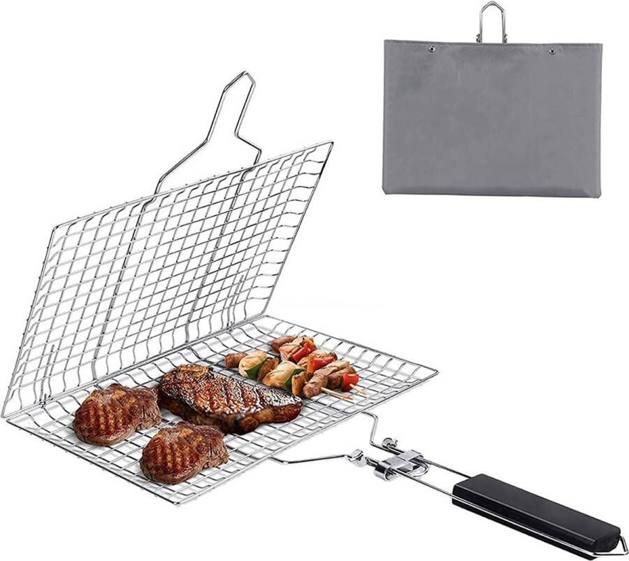 SDFSA YANJINGHE Roestvrijstalen grillrooster roestvrijstalen grillmand roestvrijstalen visgrillmand roestvrijstalen opvouwbare draagbare roestvrijstalen grillmand met afneembare handgreep voor vis biefstuk garnalen