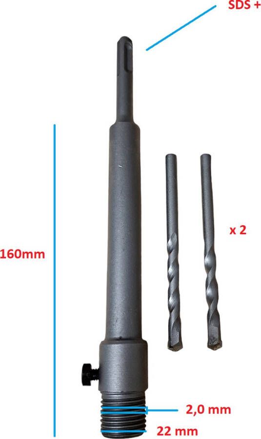 SDS Gatenboor SDS-PLUS boorkroon adapter 160x22mm met 2 Geleidingsboren 8mm boorhouder adapter rond aansluiting diamantboor kernboor gatenboor betonboor adapter boormachine voor SDS-plus gatzagen Diamond Core Bit Adapter M22