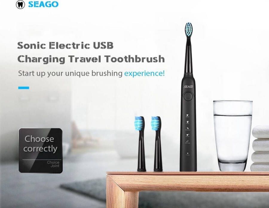 SEAGO SG-507 Elektrische tandenborstel USB oplaadbaar 3 opzetborstels siliconen-waterdicht- volwassenen