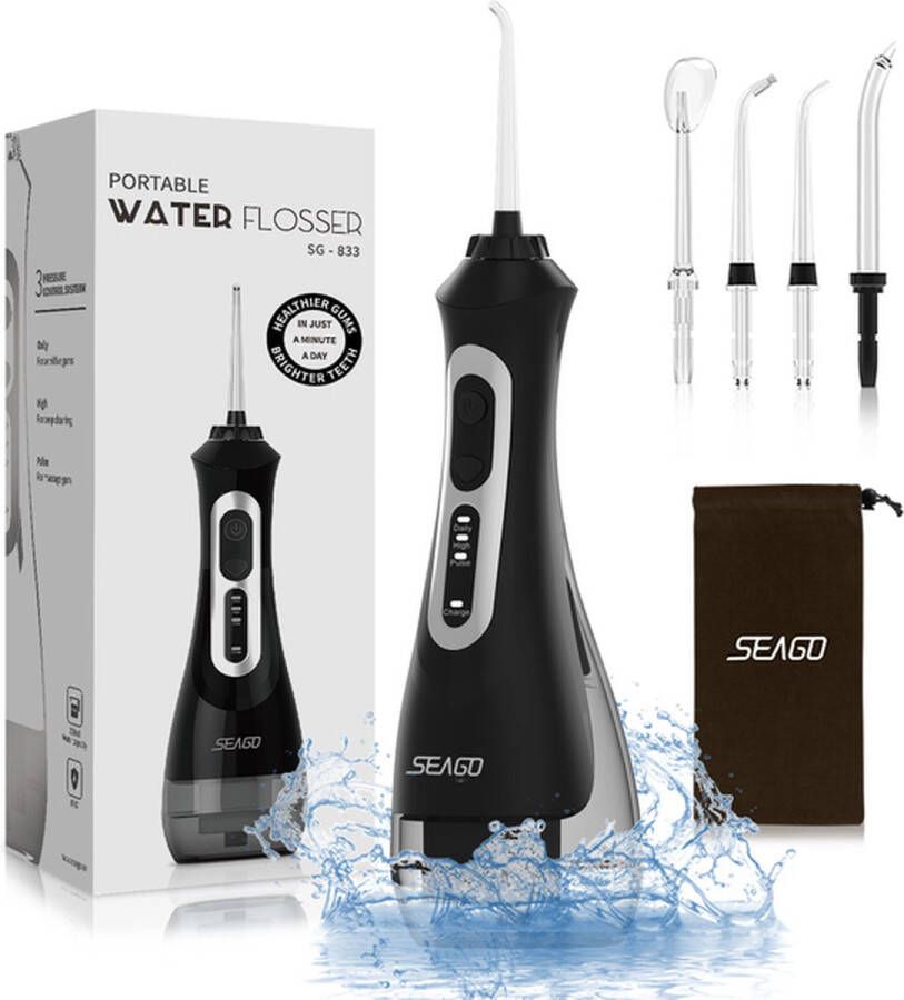 SeaGo Waterflosser Flosser Monddouche Elektrisch 4 Opzetstukken Zwart