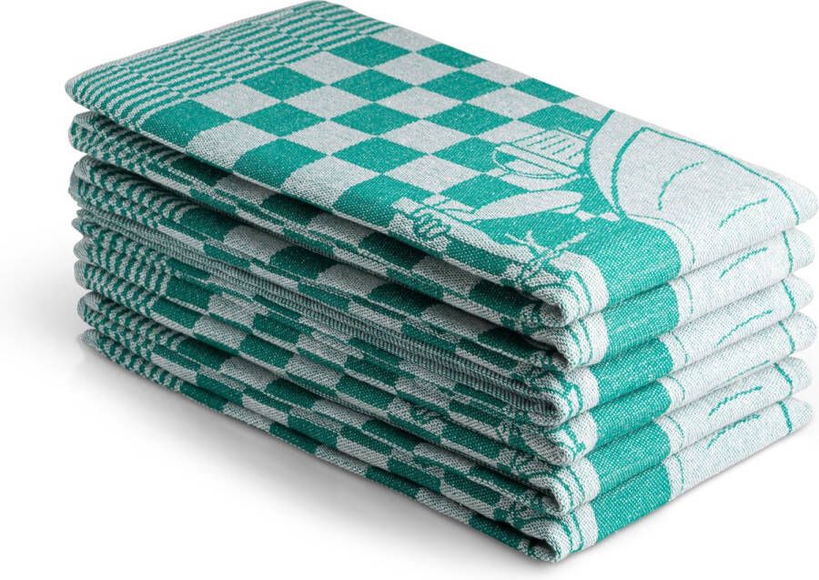Seashell Oerhollands luxe theedoeken 6 stuks patroon blok 2 emmertjes groen 60x65cm