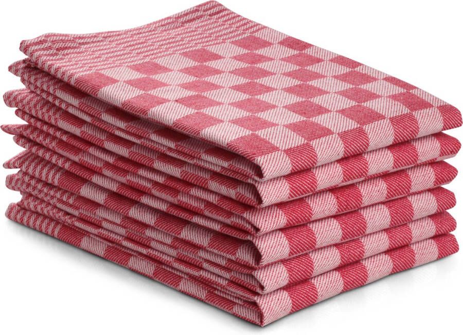 Merkloos Luxe theedoeken set 6 stuks 50x70 blokpatroon geblokt horeca ruit rood