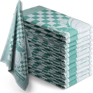Seashell Theedoekset Blok 60 X 65 Cm Groen 12 Stuks Geblokt Blokdoeken 100% Katoen Horeca 2 Emmertjes Water