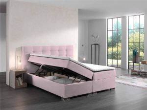 Zetelsenbedden.be Boxspring Bed Malaga Roze Velvet 140x200 cm compleet met vaste matras en topper bed compleet met opbergruimte boxspring met opbergruimte- seatsandbeds.be