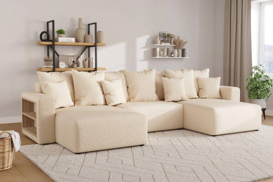 Seatsandbeds hoekbank cuddle bouclé XL U vorm- hoeksalon beige teddystof met bed en opbergruimte