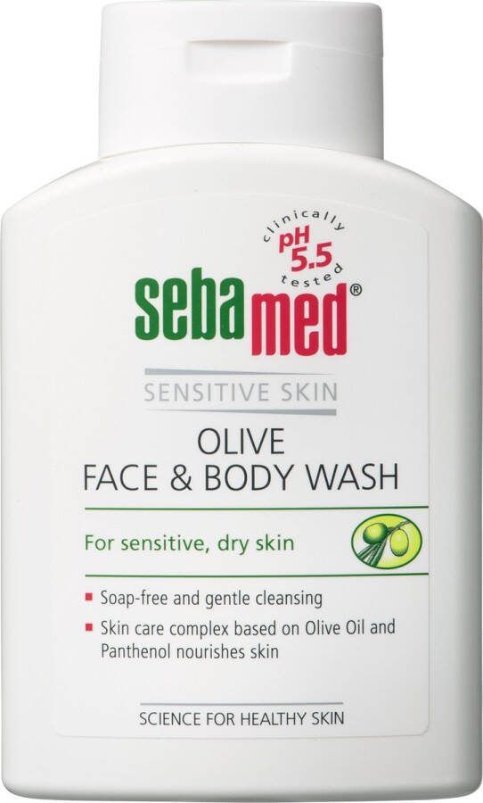 Sebamed Olive Face & Body Wash Zeepvrije en zachte reiniging van de huid Huidneutrale pH waarde van 5.5 Speciaal voor de gevoelige en droge huid Voor gezicht en lichaam 200 ml