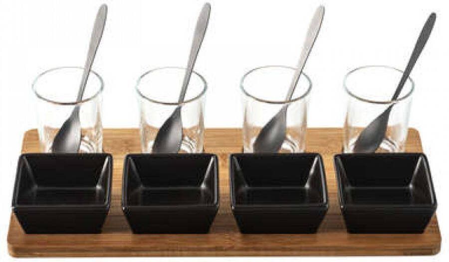 Secret de Gourmet 13 delig aperitiefset glas bamboe porselein lepeltjes