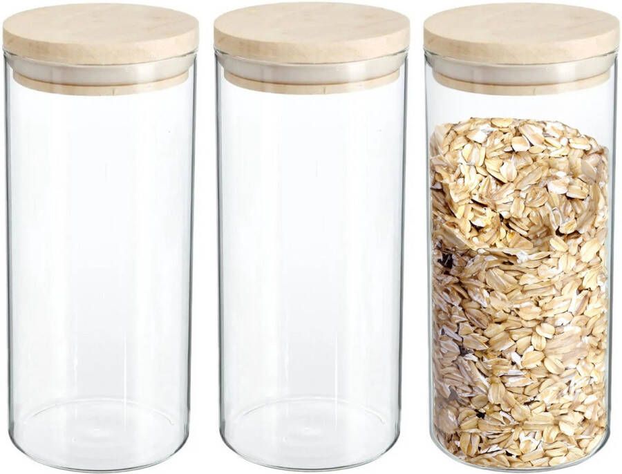 Secret de Gourmet 3x stuks voorraadbussen voorraadpotten 1 3L glas met houten deksel 1300 ml Voorraadpotten met luchtdichte deksel