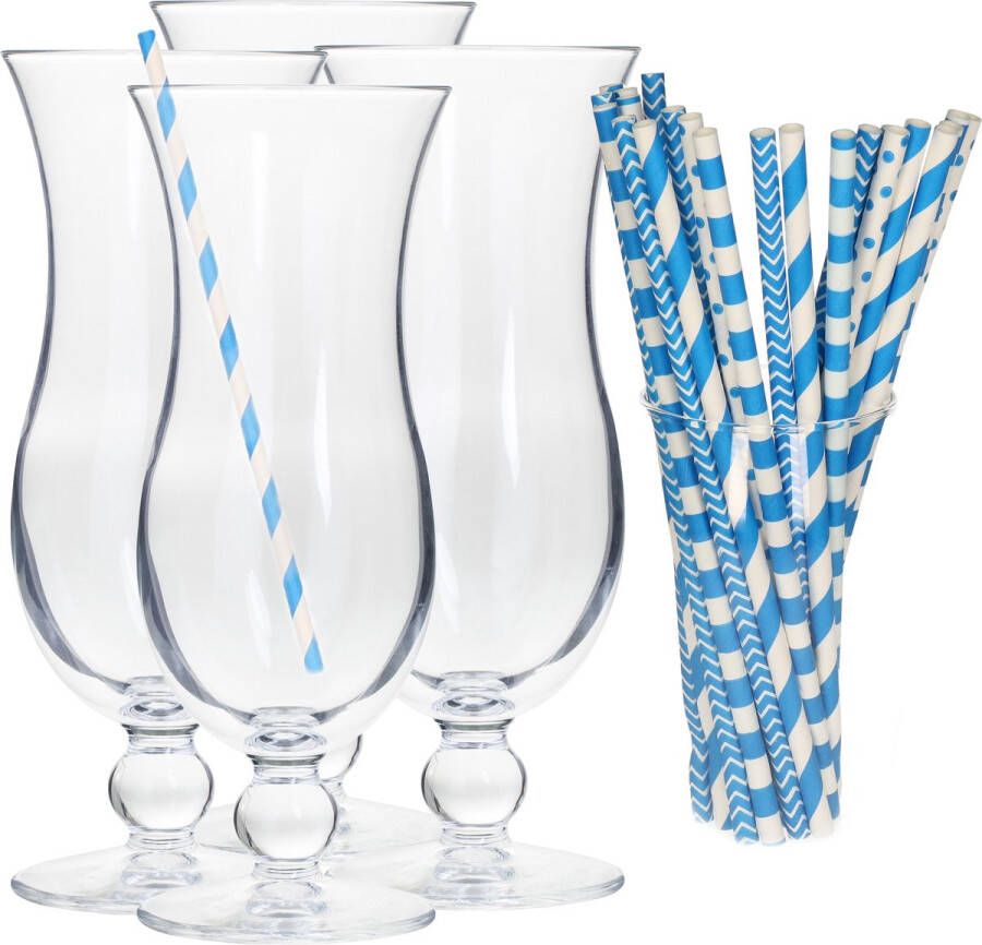 Secret de Gourmet Cocktail set van 4x cocktail glazen en 100x rietjes 440 ml blauw Drinkglazen